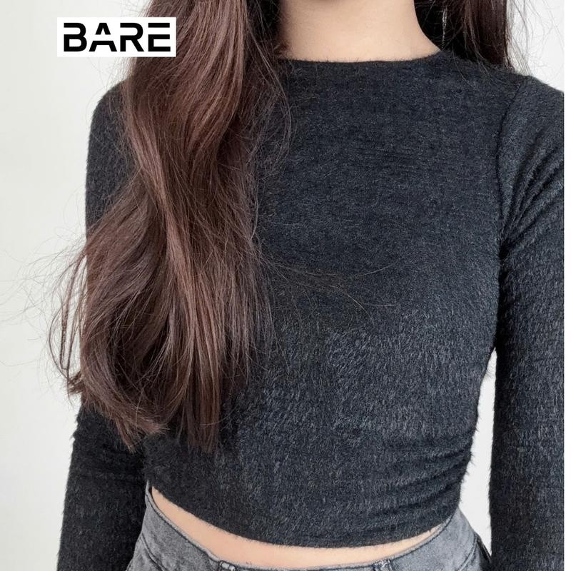 BARE_ Áo Kiểu Croptop Cổ Tròn Lông Tay Dài, Áo Lông Ôm Body Có Độ Co Giãn Mềm Mịn_A417 Nữ Women Women