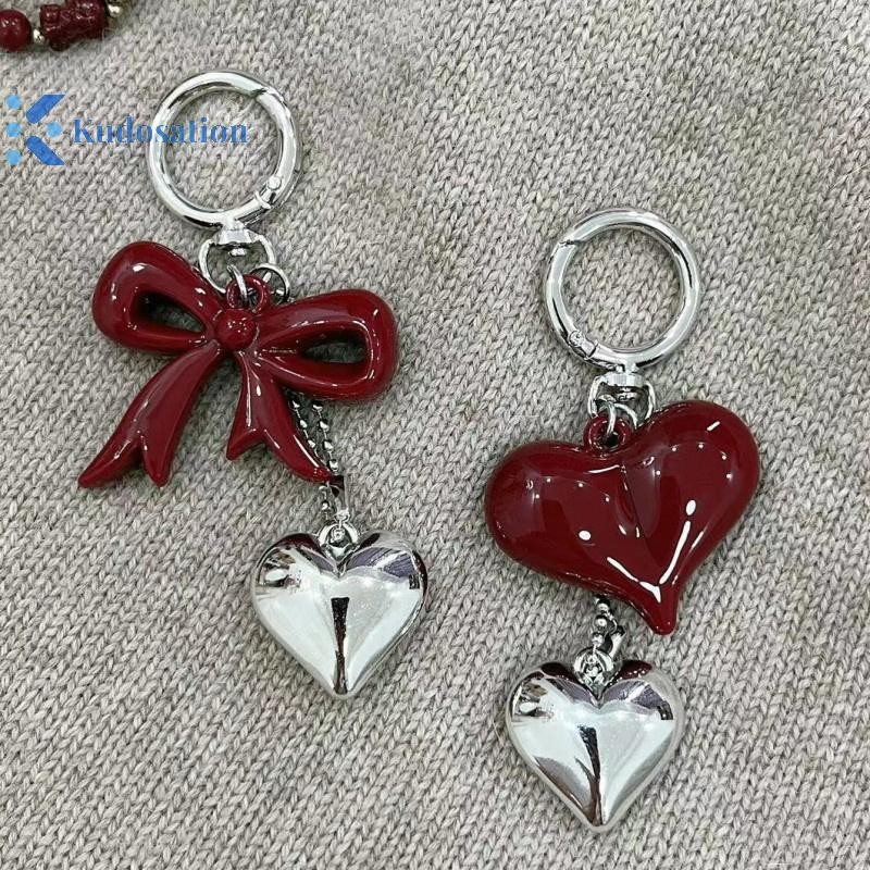 Kudosation Tính Khí Đơn Giản Nơ Đỏ Trái Tim Acrylic Móc Khóa Mặt Dây Chuyền Dành Cho Nữ Cô Gái Ba Lô Đa Năng Trang Trí Phụ Kiện Quà Tặng