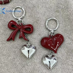Kudosation Tính Khí Đơn Giản Nơ Đỏ Trái Tim Acrylic Móc Khóa Mặt Dây Chuyền Dành Cho Nữ Cô Gái Ba Lô Đa Năng Trang Trí Phụ Kiện Quà Tặng