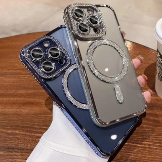 Sang Trọng Bling Pha Lê Ống Kính Phim Ốp Lưng Điện Thoại iPhone 16 15 13 14 Pro Max Plus Từ Tính Sạc Không Dây Trong Suốt