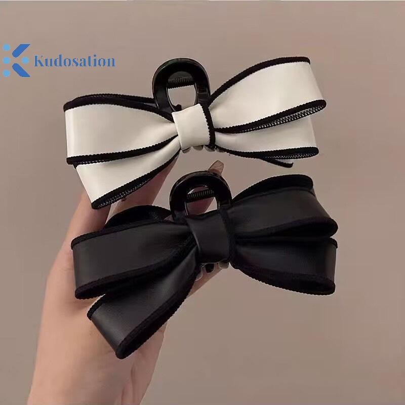 Kudosation Phong Cách Pháp Da Đơn Giản Đen Trắng Sọc Nơ Kẹp Dành Cho Bé Gái Thắt Nút Hợp Thời Trang Kẹp Tóc Đuôi Ngựa Giá Đỡ Móng Vuốt Tóc