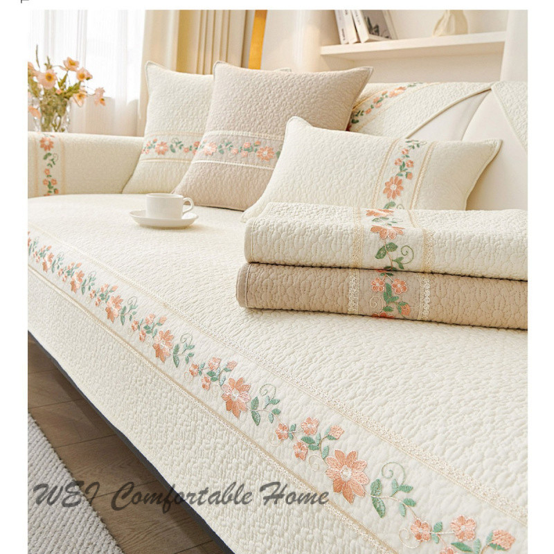 Đệm Sofa Cotton Nguyên Chất, Bọc Sofa Chống Trượt Tất Cả Các Mùa, Đệm Ghế Sofa Phong Cách Kem Mộc Mạc