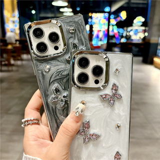 Ốp vuông cho iPhone 16 15 14 13 11 12 Pro Max, thời trang sang trọng, mạ điện, keo giọt, bướm, chống sốc
