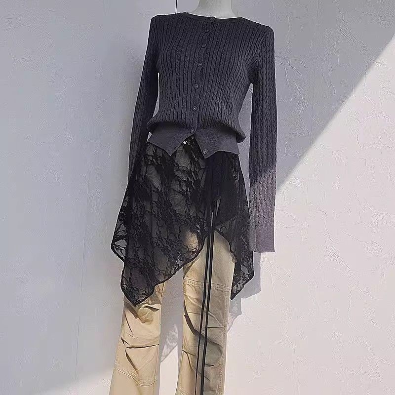 Milyfashion Váy liền thân buộc dây không đều, chân váy lưới ren, tạp dề kiểu ngắn nhiều lớp