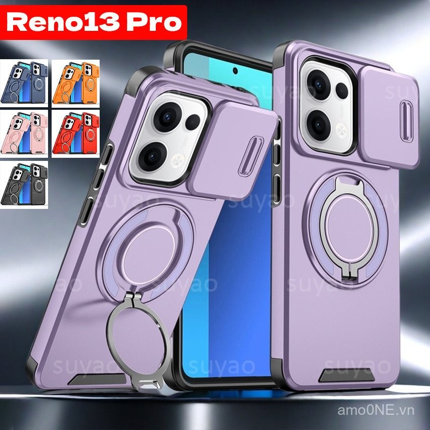 Ốp điện thoại cho Oppo Reno 13 Pro 13Pro 5G 2025, vỏ bảo vệ với vòng đỡ, giá đỡ, bảo vệ ống kính từ tính, chống sốc, nắp lưng