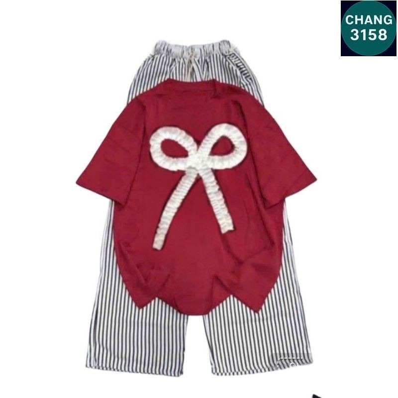 Sét Bộ Đồ Quần Đũi Xốp Kẻ sọc Vằn + mix áo phông form rộng tay lỡ  - Hình nơ dúm---chang3158