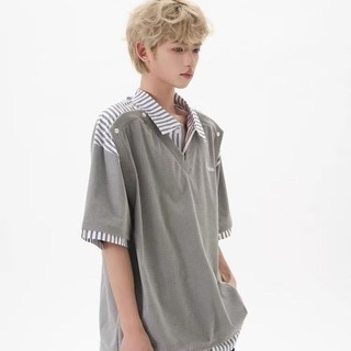 Áo Sơ Mi Sọc Chắp Vá Giả Hai Mảnh Tay Ngắn Áo Unisex Mùa Hè Đại Học Phong Cách Rời Áo Sơ Mi Polo Thường Ngày