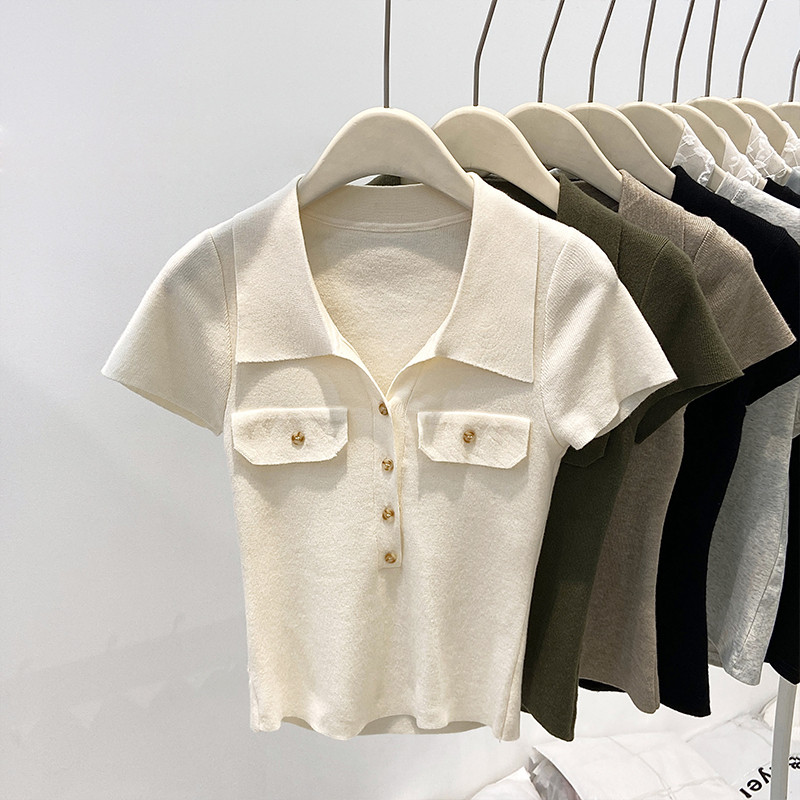 Áo thun ngắn tay cổ Polo nữ màu trơn đơn giản mùa hè mới 250423
