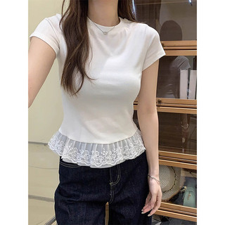 Áo thun nữ ngắn tay vải cotton co giãn ren trước vai