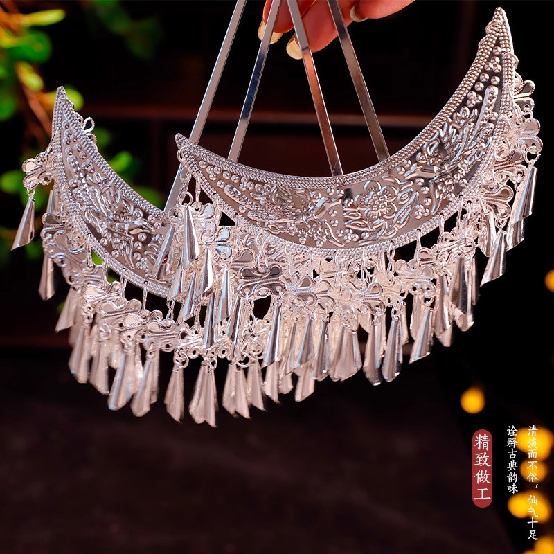 MAUROPOLI [Sẵn sàng] Phụ kiện tóc cổ mới Hàng ngày phù hợp với Miao Bạc Phong cách kỳ lạ Miaojiang Phụ kiện cô gái Kẹp tóc Vương miện tóc Mũ nón thanh lịch phù hợp