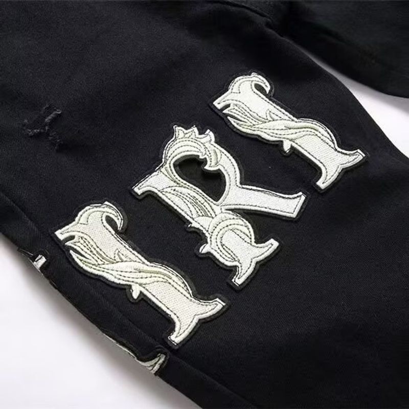 Cao Đường Phố Thời Trang Thương Hiệu Mới Thêu Quần Jean Nam Đen Rách Miếng Dán Co Giãn Slim Fit