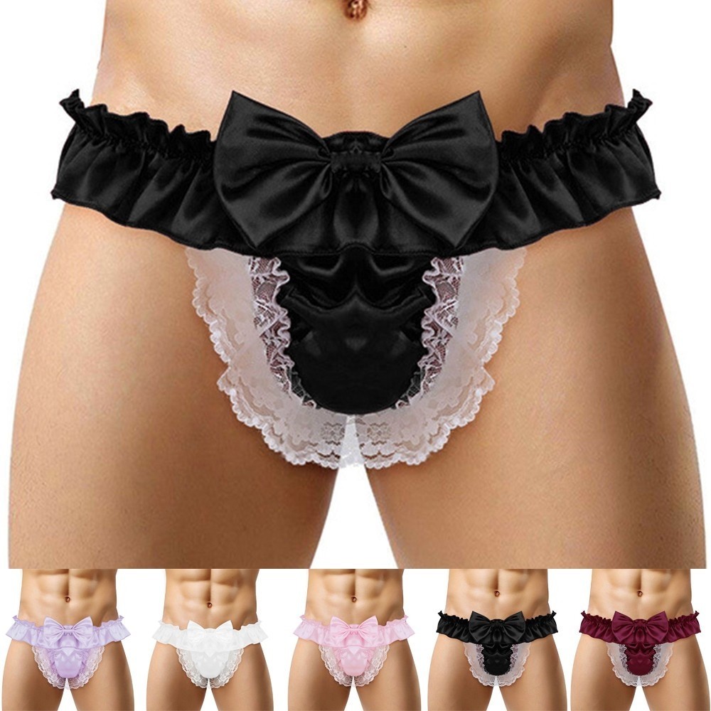 {WELV}Men's Sexy Satin Lace See Through Panties G String Thong Briefs Lingerie