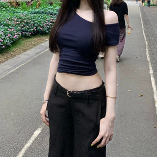 Áo thun ngắn tay màu xanh dành cho nữ Slim-Fit Slimer Look Mùa hè Phong cách mới Đáy áo sơ mi Tính khí Ngọt cay Top