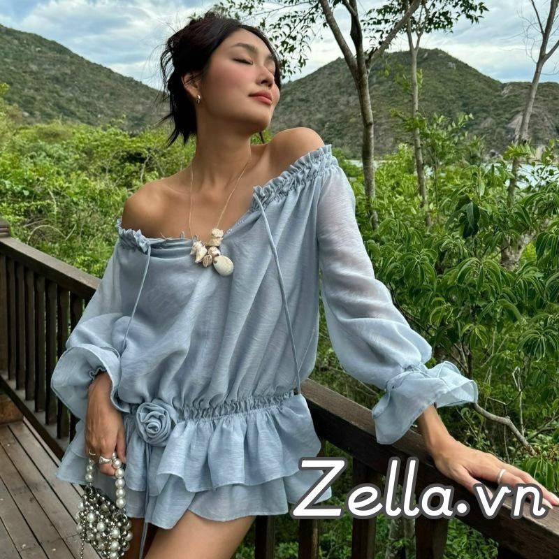 Đầm Mùa Hè Nữ 3D Hoa Xù Viền Thuyền Cổ Mất Vai Dài Tay Váy Có Cổ