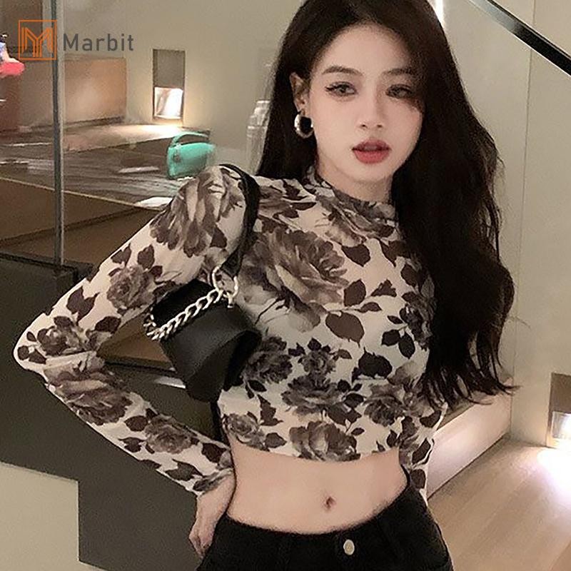 Marbit Thu Đông Nữ Retro Hoa Cổ Tròn Dài Tay Áo Thun Slim Crop Top Mới