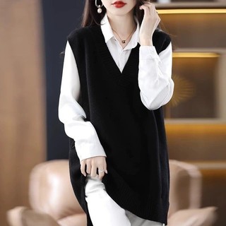 Áo Vest Xanh Navy Size Lớn Giữa Chiều Dài Dệt Kim Vest Nữ Thu Đông Cổ Chữ V Áo Chui Đầu Áo Len Nữ
