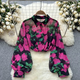 Người Nổi Tiếng Pháp Phong Cách In Hình Voan Bên Ngoài Hàng Đầu Nữ Phong Cách Phương Tây Rời Polo Cổ Đèn Lồng Tay Áo Sơ Mi Mỏng Hoa 24.10.30