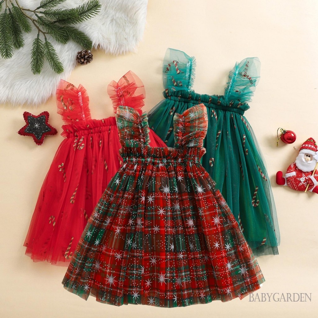 / / -6Month-4year Bé Gái Giáng Sinh Không Tay Cổ Vuông Kẹo Cane / Kẻ Sọc In Tutu Tulle Đầm Công Chúa