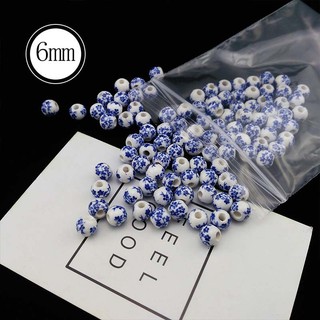 Hạt gốm sứ xanh trắng, hạt tròn rời, phụ kiện đính cườm thủ công diy
