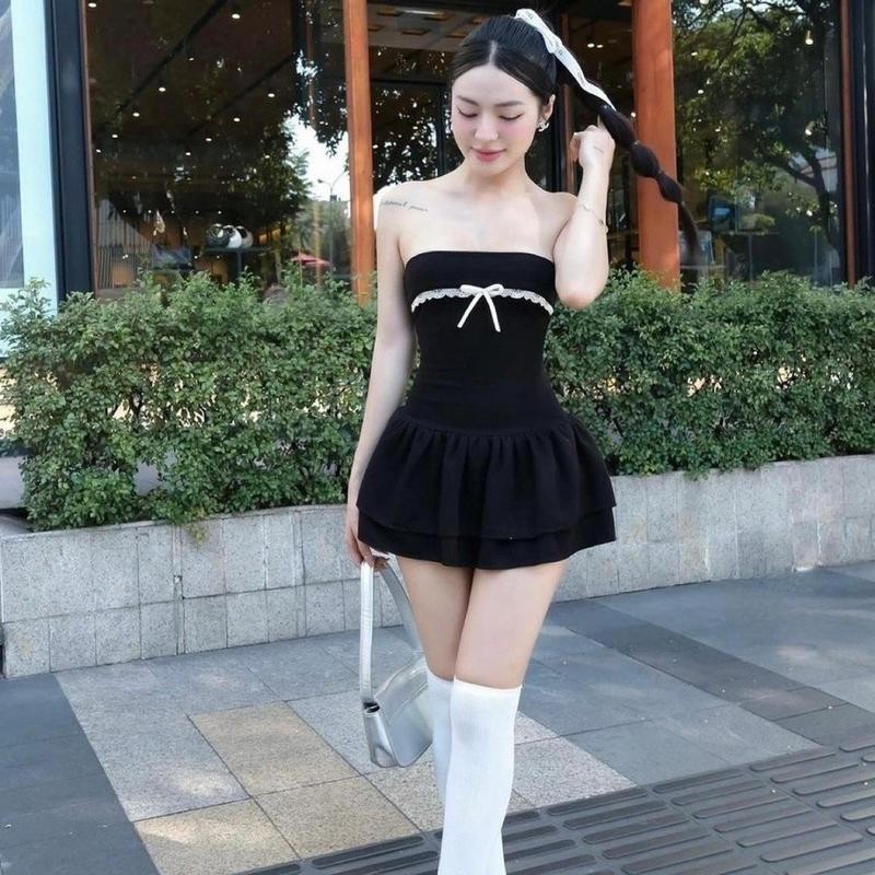 [kèm quần] Đầm Cúp Ngực Xoè Co Giãn Viền Ren Đính Nơ D128 Dress vaytet