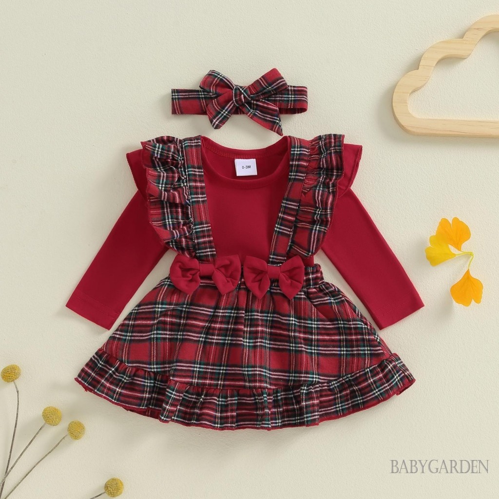 / / -Bộ Quần áo Giáng sinh cho bé gái sơ sinh Áo liền quần tay bay + Váy treo kẻ sọc + Băng đô