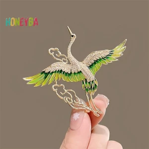 < Honeyba > Phong Cách Trung Hoa Thanh Lịch Kim Cương Giả Xanh Men Crane Clouds Trâm Cài Cho Nữ Bé Gái Chim Bay Ve Áo Chân Trang Sức Dự Tiệc