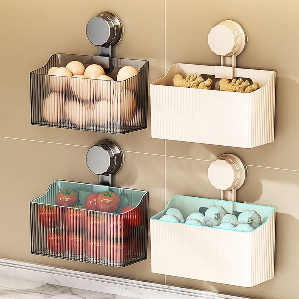 Giỏ đựng đồ nhà bếp CHEESELY, Hộp đựng gia vị dung tích lớn trong suốt, Cốc hút treo tường di động Giá đựng đồ phòng tắm cho tỏi gừng hành tây