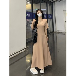 [Váy dài vừa vặn đơn giản] Đầm cỡ lớn nữ béo mm Size lớn 100kg Váy ngắn tay cổ chữ u dành cho nữ Váy chữ a dáng rộng hẹp Váy xoay lớn mùa hè Màu trơn Một @ -