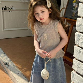 Áo vest ren gấu cho bé gái, quần denim ống rộng, quần dài