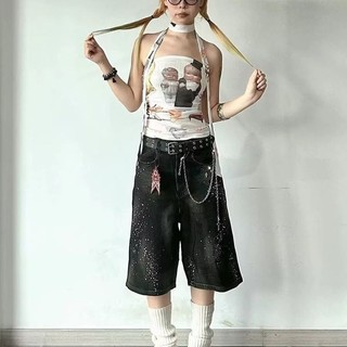 Quần short denim nam phong cách Mỹ bẩn nhuộm giặt đau khổ kim cương giả đầy đủ quần cắt kim cương