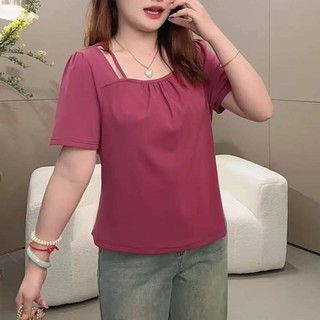 M-4XL Size Lớn Top Nữ 150kg Size Lớn Cổ Vuông Xếp Ly Áo Thun Nữ Mùa Hè Béo mm Thiết Kế Thời Trang Mỏng Hơn Nhìn Top Plus Size Quần Áo Nữ