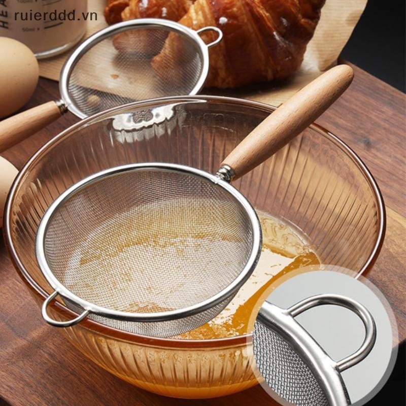 # ruierdd # Tay cầm bằng gỗ Thép không gỉ Máy lọc dầu lưới nhỏ Lưới lọc dầu đa chức năng Lưới lọc bột Dụng cụ làm bánh nhà bếp.