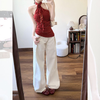 ✨Pháp Ruy Băng Đỏ Hoa Hồng Dây Cổ Voan Áo Sơ Mi Mùa Hè Không Tay Áo Trà Phong Cách Top 25.4.24