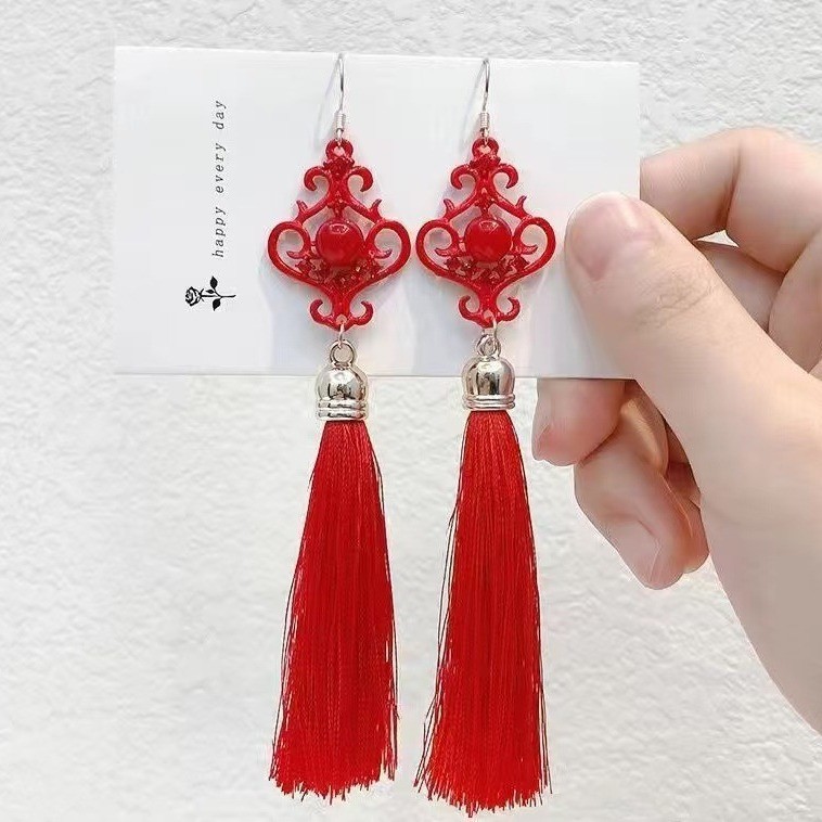Hoa tai cô dâu tua rua dài phong cách dân tộc Hàn Quốc phụ kiện sườn xám Retro khí chất Hoa tai múa Latin trẻ em