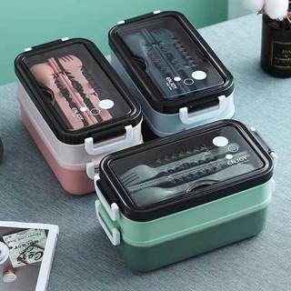 Hôp Cơm 2 Tầng Có Kèm Bộ Dụng Cụ Ăn Uống ,Hộp Cơm Văn Phòng Chất Liệu Nhựa PP Cao Cấp Bỏ Lò Vi Sóng Được