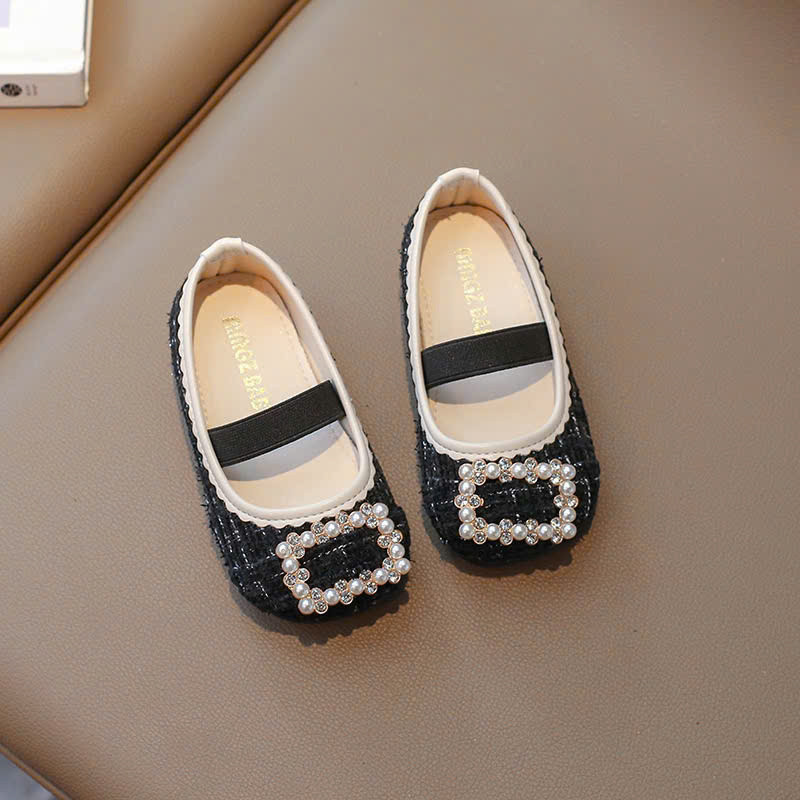 giày búp bê bé gái giày bệt cho bé da PU bọc vải tweed mềm đen trắng không bám bụi êm chân đế dẻo đính đá điệu đà V7713