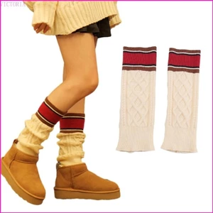 Vic Nữ Cô Gái Mới Lạ Chân Ấm Áp Colorblock Sọc Cáp Đan Chân Nắp Rời Slouch Không Chân Boot Còng Tất Dài
