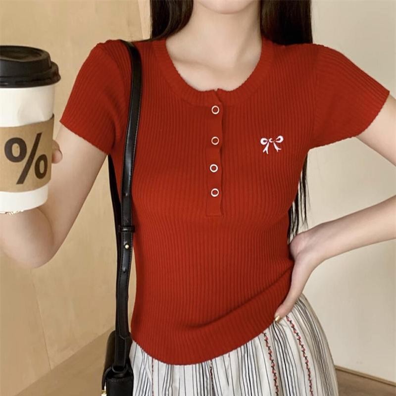 Áo Thun Nữ Tay Ngắn Cổ Cúc Bấm PINKSTORE29 Thêu Nơ Dễ Thương A51217