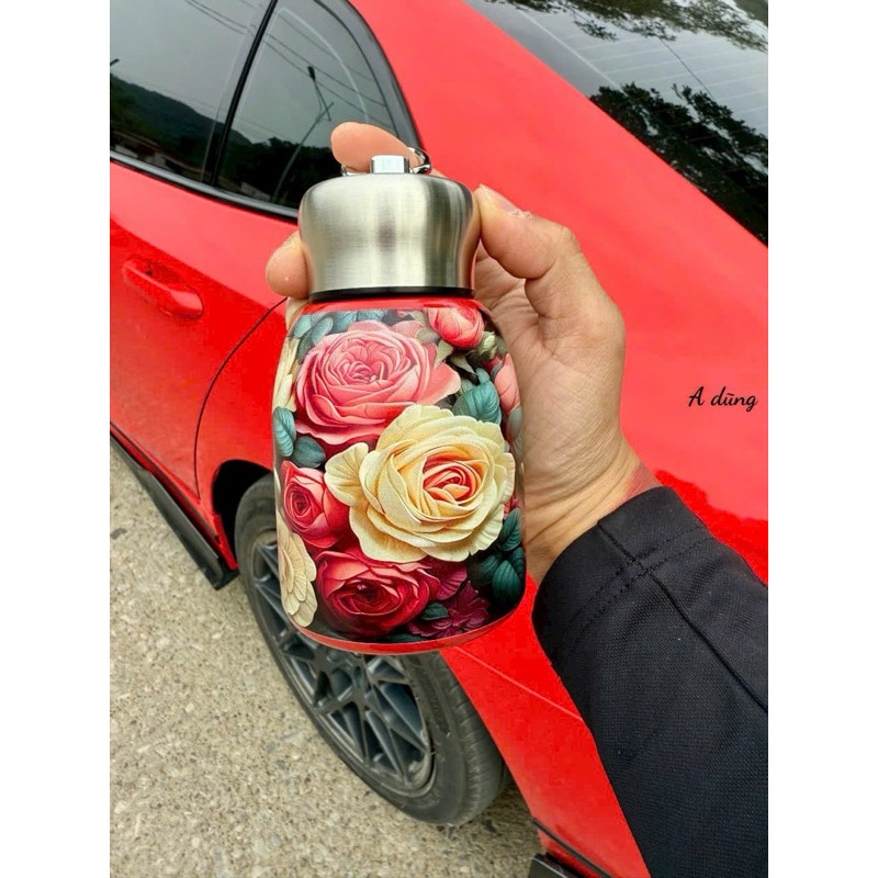 BÌNH GIỮ NHIỆT INOX MINI 300ML , CÓ QUAI XÁCH HỌA TIẾT HOA VINTAGE