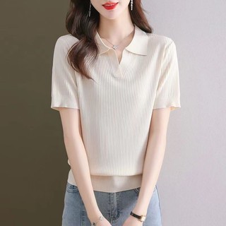 Mùa hè Phong Cách Mới Ve Áo Dệt Kim Áo Thun Nữ Tay Ngắn Nữ Tay Ngắn Nữ Mỏng Phong Cách Ice Silk Thời Trang Tuổi @