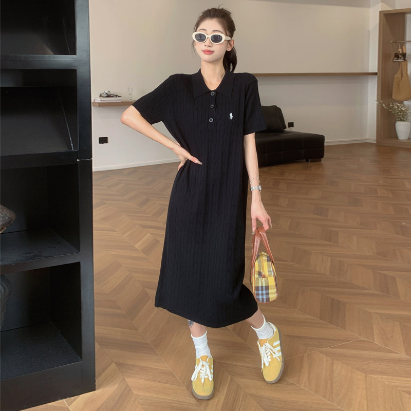 Trang phục bà bầu Mùa hè Phong cách mới Cổ áo POLO Váy dài vừa phải