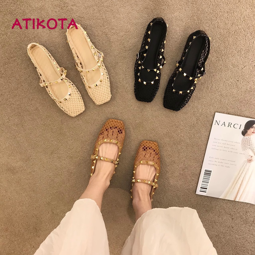 Atikota Rỗng Mary Jane Sandal Nữ Mũi Vuông Đế Bằng Thoáng Khí Nhẹ Giày Mùa Hè