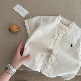 Áo Sơ Mi Trẻ Em Mới Mùa Hè Bé Trai Bé Gái Cổ Đứng Áo Sơ Mi Nhỏ Vải Lanh Cho Bé Top