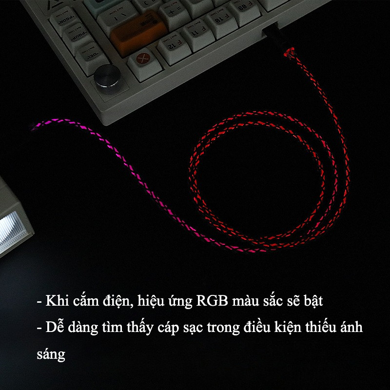 Cáp Sạc Nhanh RGB Đổi Màu 65W - Dây Phát Sáng -  Type C to C 60W - Cắm bàn phím - Bện 8 sợi - Bảo Hành 6 Tháng