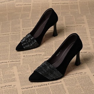 Giày Cao Gót Mũi Nhọn Nữ Slip-On Nông Miệng Kim Cương Giả