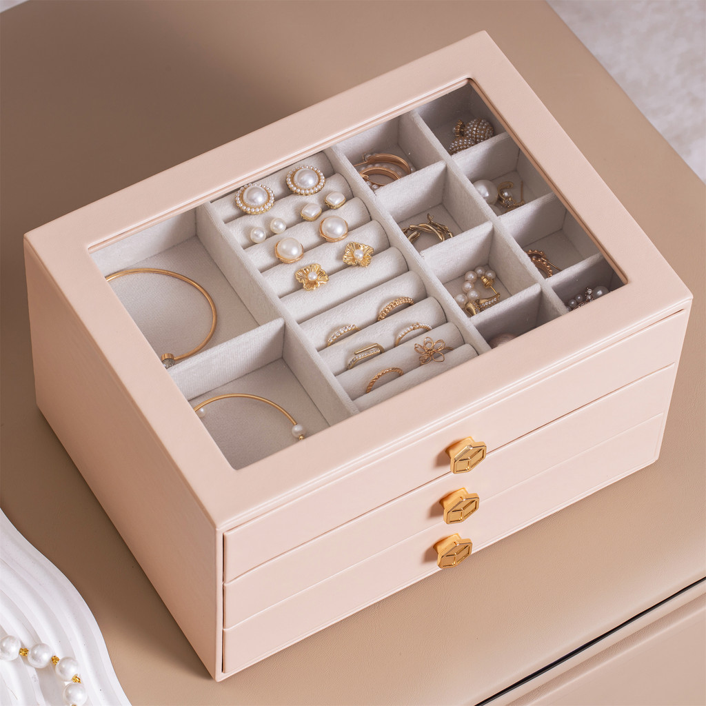 Hộp đựng đồ trang sức 3 lớp CASEGRACE dành cho nữ, Dụng cụ sắp xếp trang sức có nắp và ngăn kéo bằng kính, Dụng cụ sắp xếp trang sức và lưu trữ cho dây chuyền, nhẫn, bông tai, vòng tay