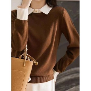 Nhẹ Sang Trọng Cao Cấp Tương Phản Màu Khâu Giả Hai Mảnh Dệt Kim polo Cổ Áo Chui Đầu Dài Tay Top Độc Đáo