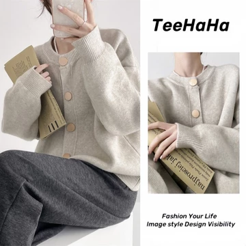 Áo cardigan len Áo mùa đông Áo len dệt kim màu trơn một hàng cúc cảm giác thiết kế Áo Khoác Cardigan cổ tròn rộng rãi áo thu đông