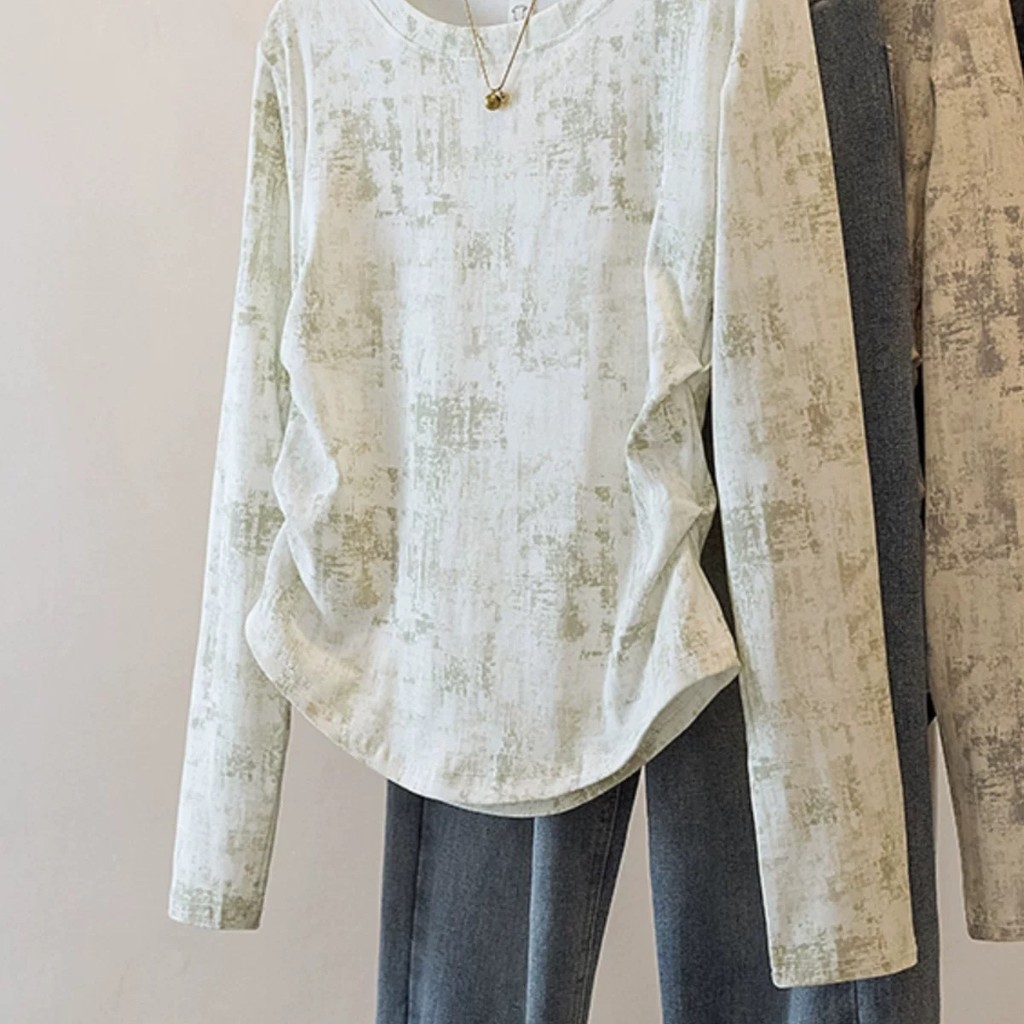 Milyfashion Cotton Size Lớn Tie-Dye Áo Thun Dài Tay Không Đều Đáy Áo Sơ Mi Nữ Slim-fit Ôm Hơn Nhìn Bao Bụng Phong Cách Phương Tây Xếp Ly Áo Ngắn