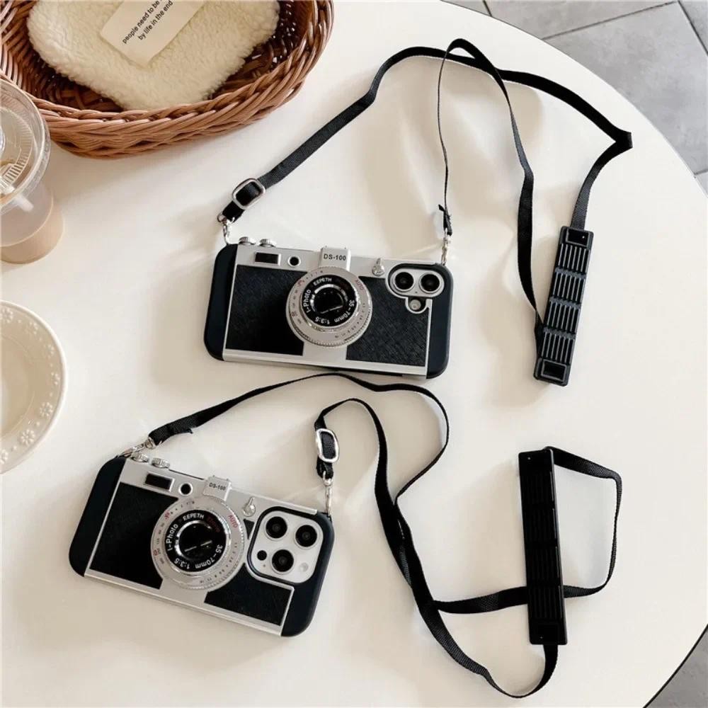 Ốp Điện Thoại Đeo Ngang Camera 3D Retro Cho iPhone 16 Pro Max 15 14 13 11 12 Mini XS Max XR X 7 8 Plus SE 2020 2022 Dây Nhựa Cứng